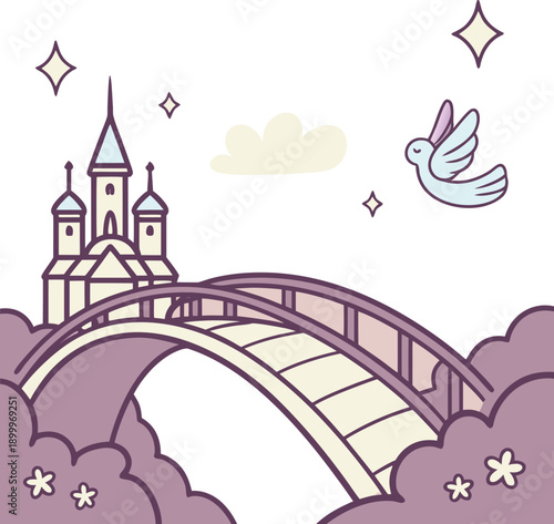 Dreamy castle in clouds with stone bridge and flying bird