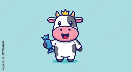 Cute cartoon cow wearing a crown and holding a candy.