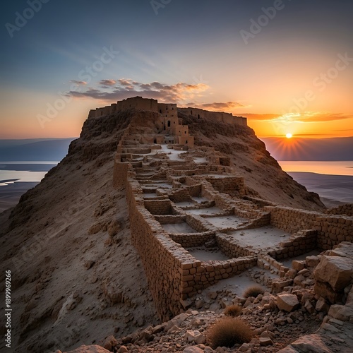 Breathtaking sunrise over ancient desert fortress ruins, revealing the historical remnants of a forgotten civilization on a majestic mountain overlooking a tranquil sea