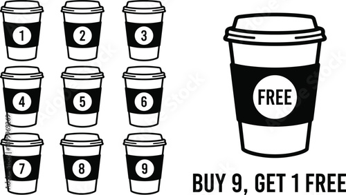 Buy 9 get 1 free coffee cups with numbered loyalty stamps loyalty program numbered cups