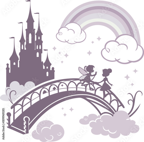 Fairy and girl meeting on bridge in magical kingdom with rainbow