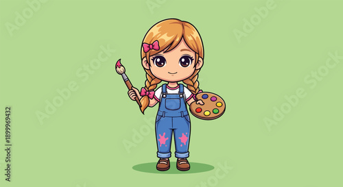 Cute Cartoon Girl Artist Holding Paintbrush and Palette Illustration.