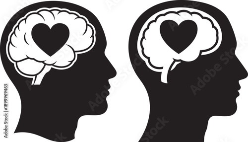 Silhouettes of two human heads with brains containing hearts, symbolizing love and intellect.