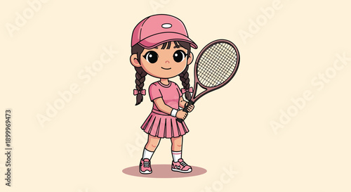 Cute Cartoon Girl Playing Tennis.