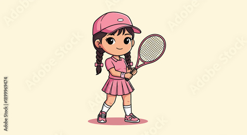 Cute Cartoon Girl Playing Tennis with Racket.