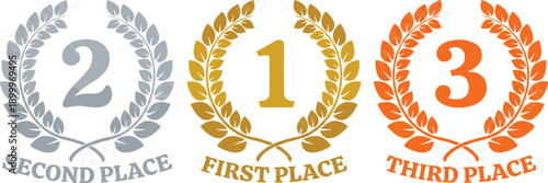 First second and third place winner laurel wreath badge first place second place