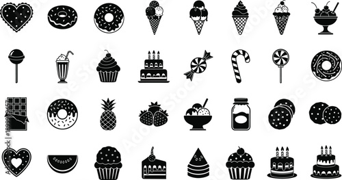 Black silhouette dessert icons set featuring donuts ice cream cones cakes candy lollipops cupcakes and cookies for bakery menu design
