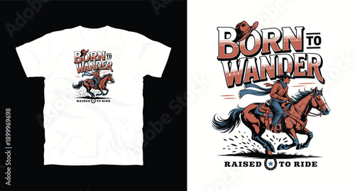 Born to wander cowboy riding horse vintage tshirt design with western theme and desert landscape
