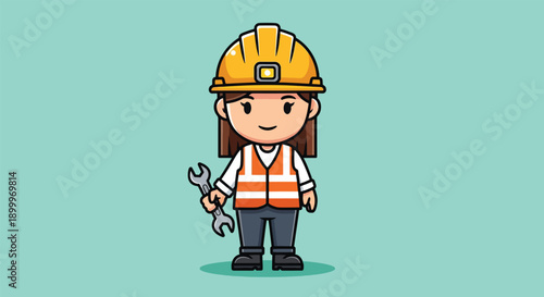 Cute Female Engineer Cartoon Character with Wrench.