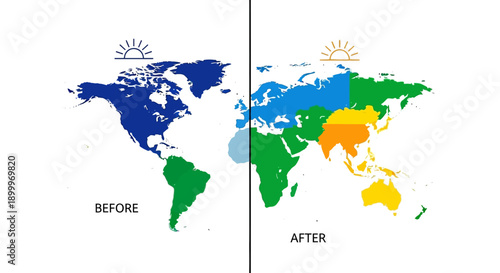 Global Transformation Concept: World Map Before and After Segmentation. Strategic Change, Regional Diversification, and New Perspective Infographic.