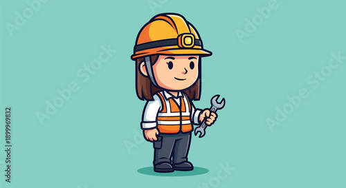 Cute Female Engineer Wearing Hard Hat and Holding Wrench.