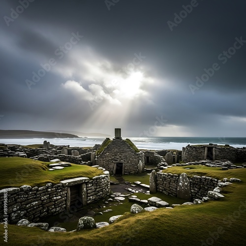 Ancient stone settlement on a windswept coast under dramatic stormy skies with sunbeams breaking through the clouds, evoking a sense of history and resilience