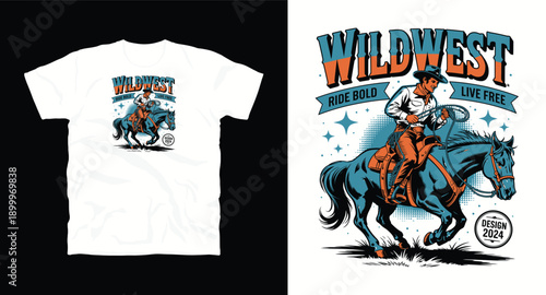Wild west ride bold live free cowboy with lasso on galloping horse vintage badge t-shirt design 