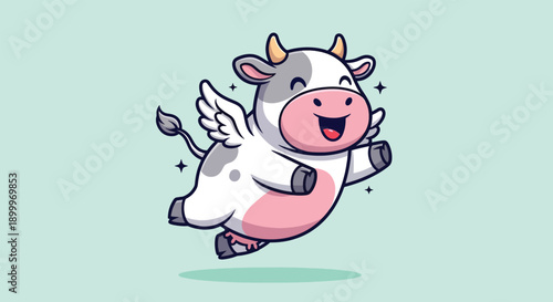 Cute Flying Cow with Wings Cartoon Illustration.