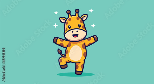 Cute Happy Giraffe Standing on One Leg.