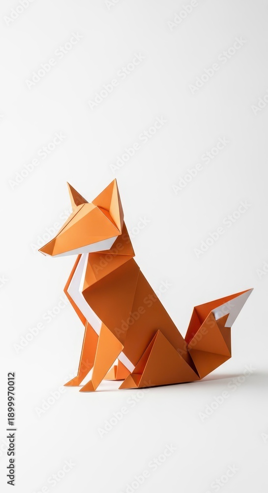 Fototapeta premium Orange folded paper sculpture of a wild canine rests upon a bright white surface.