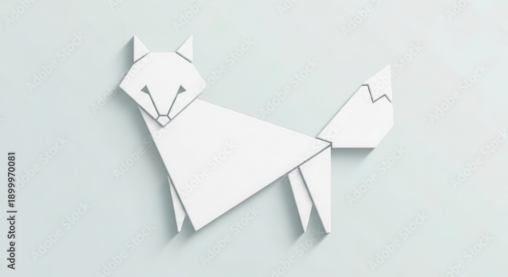 Obraz premium Geometric white fox figure created using paper folding technique rests on a pale background