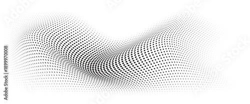 Flowing Wave Dot Halftone Pattern: Curve Gradient Shape on Transparent Background. Suitable for AI, Tech, Network, Digital, Science, and Technology Themes.