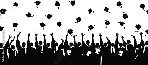 Black silhouettes of graduates throwing hats in air graduation caps celebration