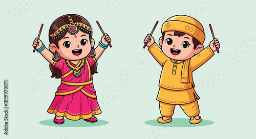 Cute Indian Kids Playing Dandiya Garba Dance Cartoon Vector Illustration.