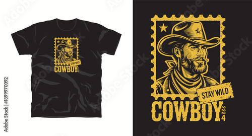 Stay wild cowboy 2024, vintage postage stamp illustration with a bearded cowboy wearing a hat t-shirt design 
