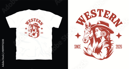 Western cowgirl with horse and cowboy hat vintage illustration rodeo silhouette t-shirt design 