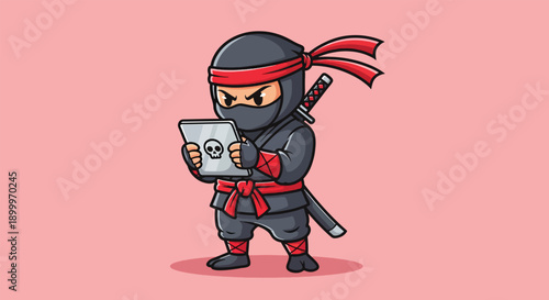 Cute Ninja Hacker with Laptop Cartoon Vector Icon Illustration.