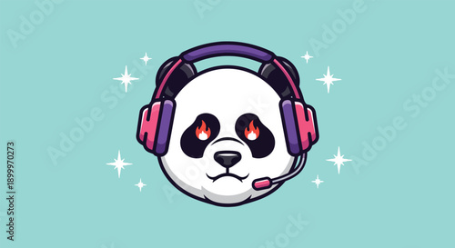 Cute Panda Head Wearing Gaming Headset with Fiery Eyes.