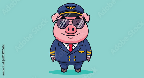 Cute Pig Pilot Wearing Aviator Sunglasses and Uniform.