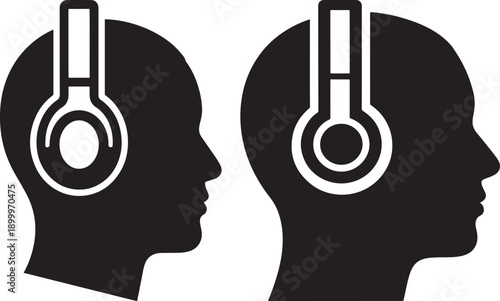Silhouettes of two human heads wearing headphones, representing music, audio, or listening.