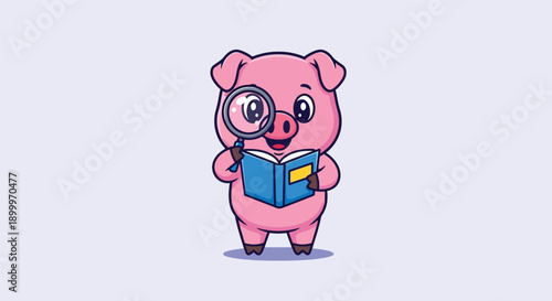 Cute Pig Reading Book with Magnifying Glass.