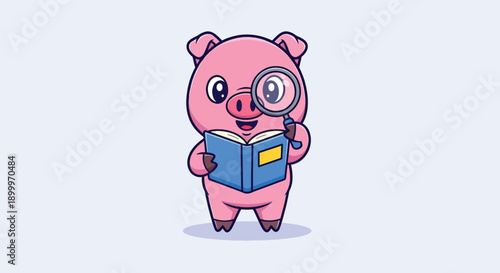 Cute Pig Reading Book with Magnifying Glass Illustration.