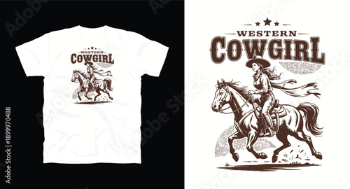 Western cowgirl riding galloping horse in retro monochrome hand drawn style t-shirt design 