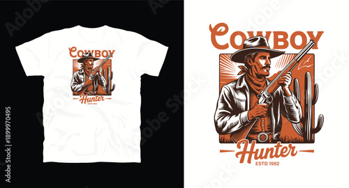 Cowboy hunter holding rifle in desert landscape with cactus and sunset background t-shirt design 