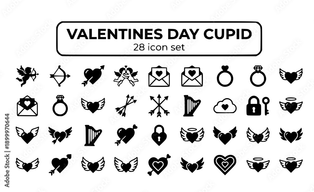 Naklejka premium Valentines Day Cupid Love Angel Arrow Hearts Cherub Bow Romance Amor Mythological Romantic Symbol Sweetheart February 14 Decorative Vector Icon Set - Cupid Love