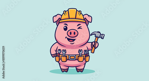 Cute Pig Wearing Hard Hat and Tool Belt Holding Hammer.