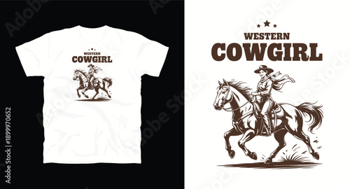 Minimalist vintage cowgirl riding horse in wild west monochrome illustration t-shirt design 
