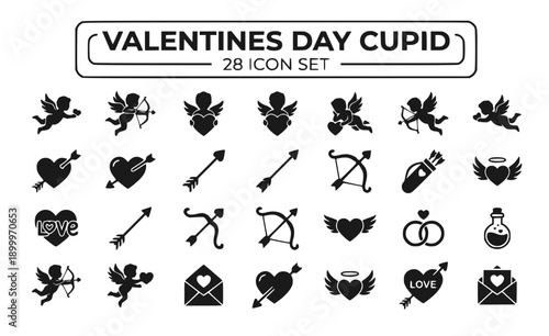 Valentines Day Cupid Love Angel Arrow Hearts Cherub Bow Romance Amor Mythological Romantic Symbol Sweetheart February 14 Decorative Vector Icon Set - Cupid Love