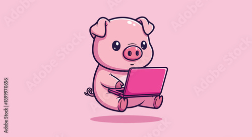 Cute Piglet Using Laptop Computer Cartoon Illustration.