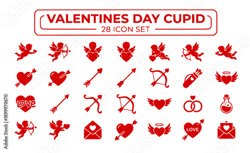 Valentines Day Cupid Love Angel Arrow Hearts Cherub Bow Romance Amor Mythological Romantic Symbol Sweetheart February 14 Decorative Vector Icon Set - Cupid Love