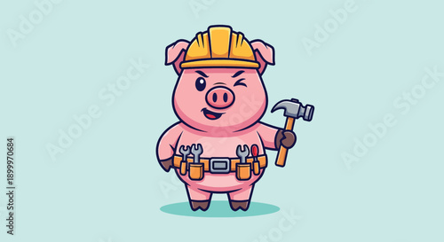Cute Pig Wearing Hard Hat and Tool Belt Holding Hammer Winking.