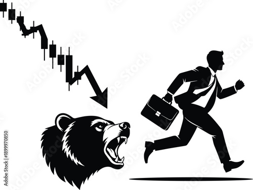 Black silhouette of man running from bear with stock chart and arrow