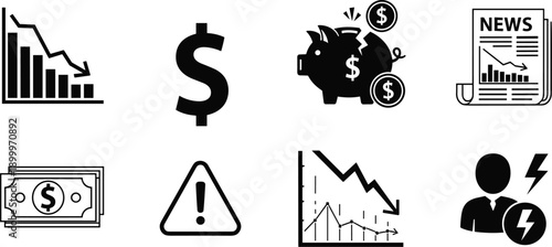 Black and white business and finance including graphs, money, and news charts