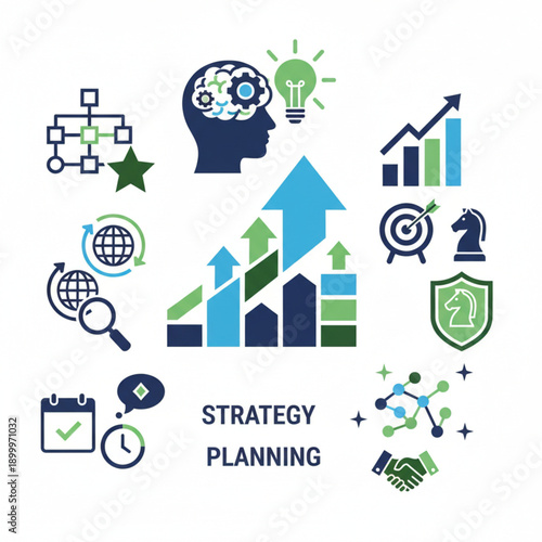 Visual Toolkit for Business Strategy Development and Planning, Featuring Icons for Growth, Analysis, Innovation, and Success Achievement