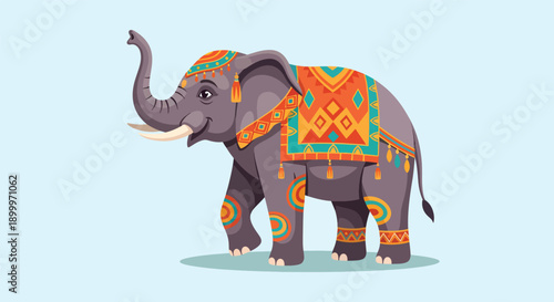 Decorated Indian Elephant with Colorful Traditional Garments.