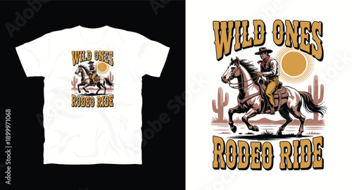 Cowboy riding horse in desert with cactuses vector graphic t-shirt design 