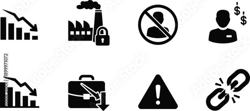 Black and white business including factory, lock, no people, money, falling graph, briefcase, warning sign, and broken chain