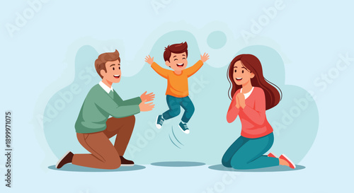 Happy family with a child jumping in the middle.
