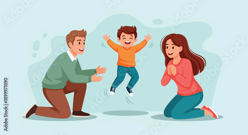 Happy family with child jumping between parents.