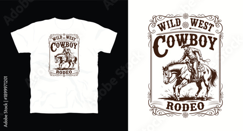 Wild west cowboy rodeo horse jumping vector graphic t-shirt design 